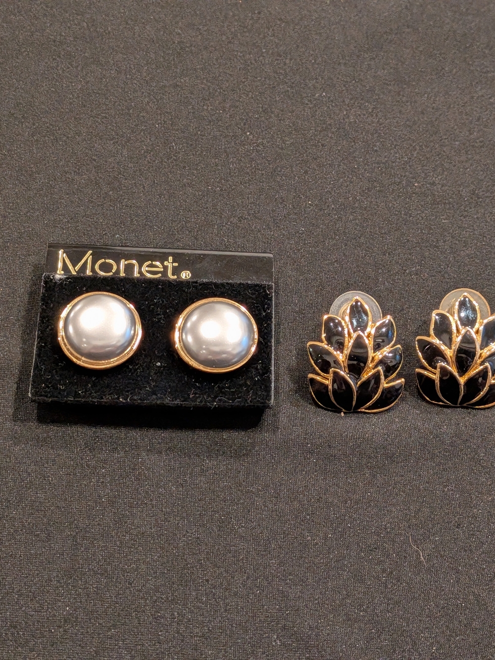 Monet Gold-Tone Faux Pearl and Black Enamel Leaf Stud Earrings Second Unsigned